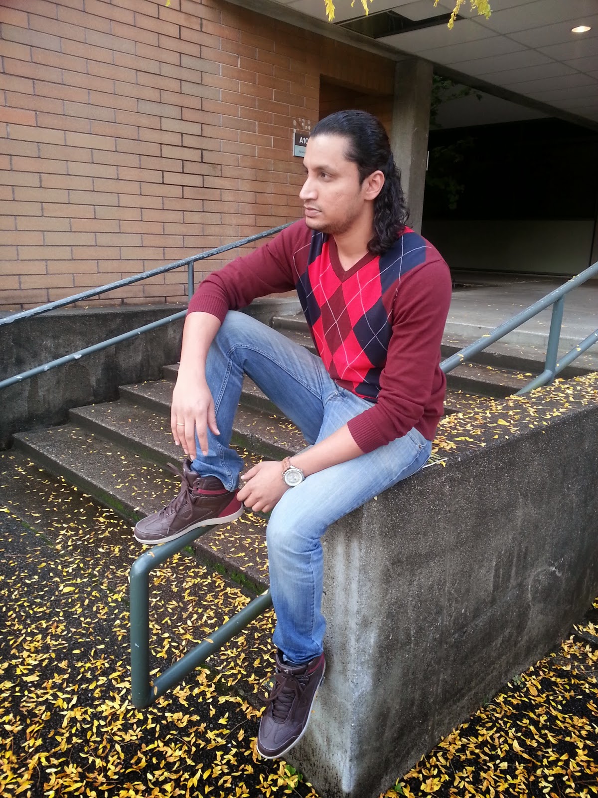 Guy wearing argyle sweater and brown boots, Indian Male fashion blogger, Indian couple fashion blogger, Argyle Sweater for men, Male fashion blogger