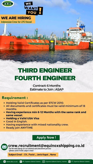 Job Pelaut Masinis 3, Masinis 4, Chief Officer LPG Tanker Vessel 2024
