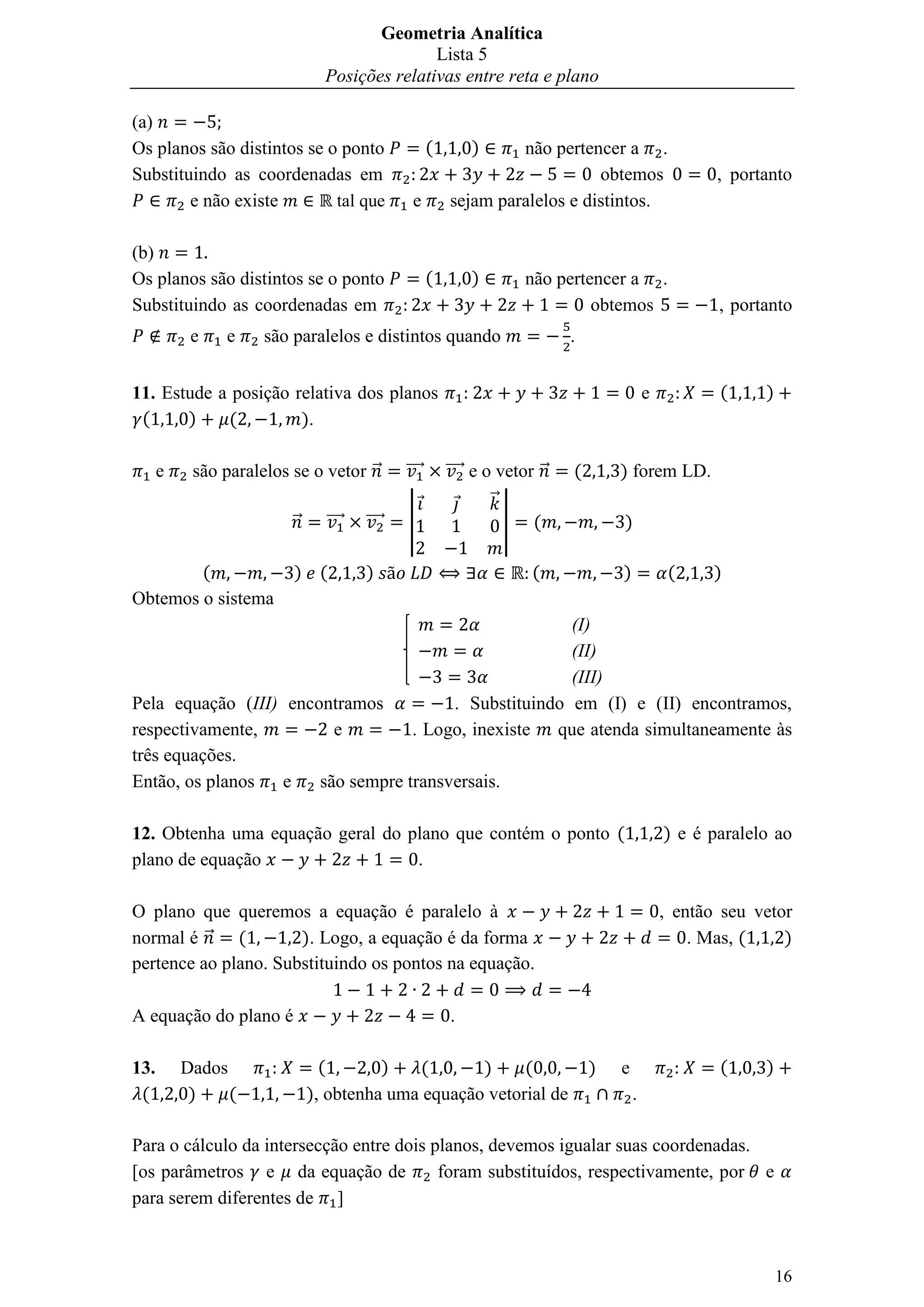 Lista de Exercícios sobre posição relativa entre reta e plano