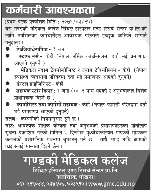 Gandaki Medical College Vacancy Announcement