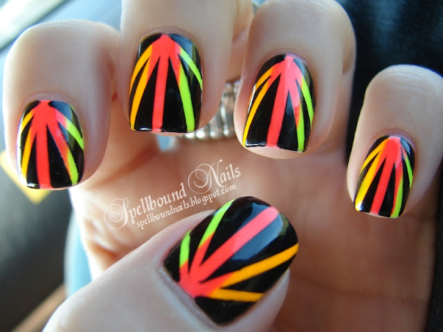 nailart nail art nails mani manicure Spellbound Neon Sunbeams Rays Sunrays China Glaze Funky Fingers Color Club Taped Taping Tape orange green yellow pink hot black white Sun Worshiper Kingston Yell-Oh!