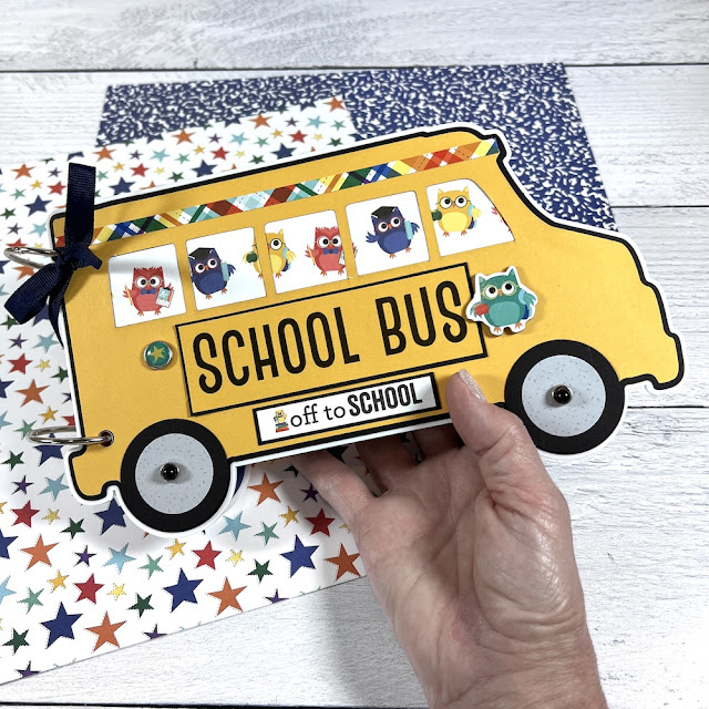 School bus shaped scrapbook mini album with little owls on the cover
