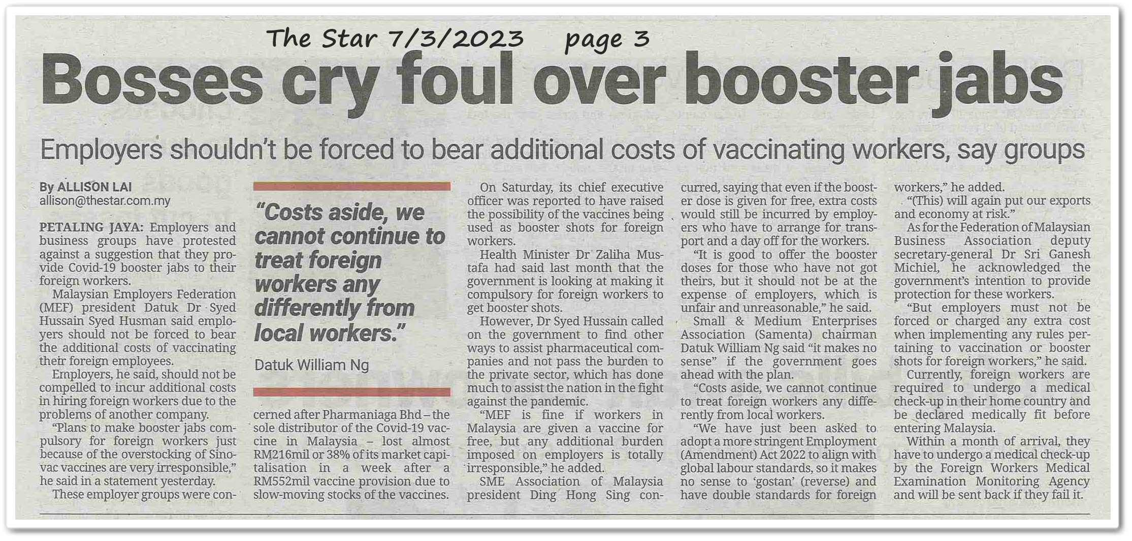 Bosses cry foul over booster jabs : Employers shouldn't  be forced to bear additional costs of vaccination worker, say groups - Keratan akhbar The Star 7 Mac 2023