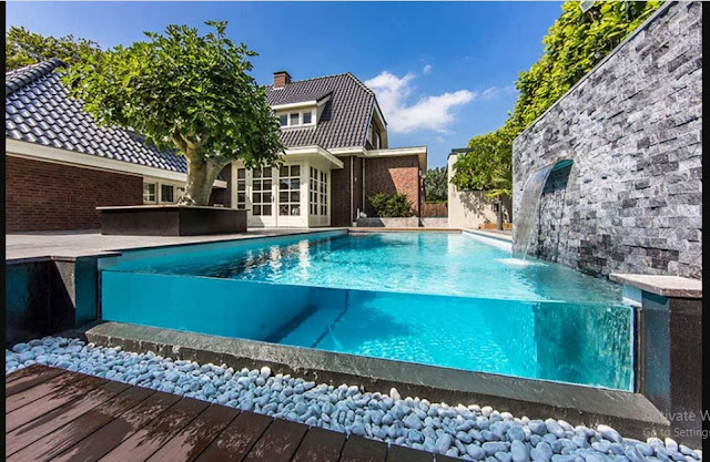 Wall Fountains Outdoor Pool with Attractive Brick House Design Ideas
