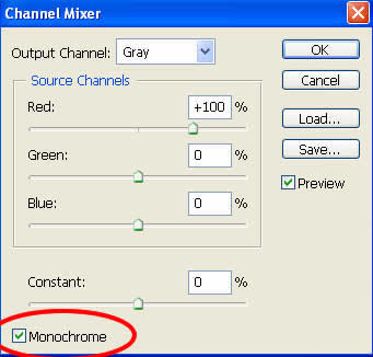 Play with channel mixer sliders and check Monocrome