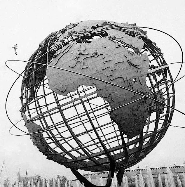 the 1964 New York World's Fair Unisphere with a jet-pack flying man