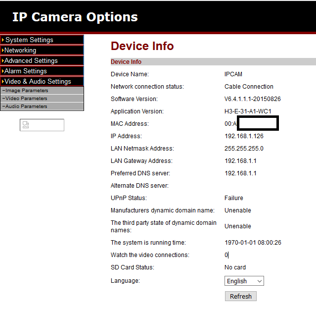 Browser access to the EasyN webcam's web settings interface - page showing mac address.