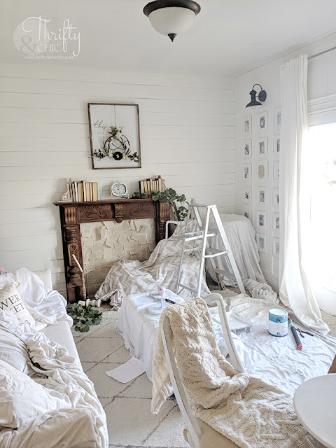  DIY floor to ceiling board and batten tutorial. Board and batten in living room. Board and batten and shiplap together. How to do board and batten. Modern farmhouse living room decor and decorating ideas. White cottage farm decor.