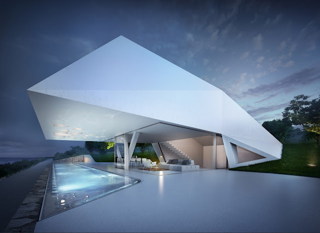 First floor of modern villa with swimming pool and open living and dining room at night
