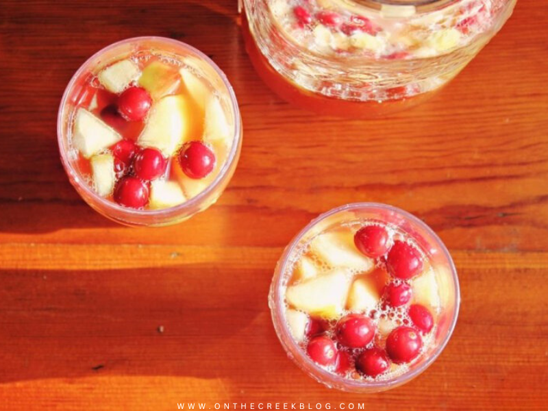 Caramel Apple Punch in a glass pitcher, garnished with fresh-cut apples and cranberries, perfect for fall gatherings. | on the creek blog // www.onthecreekblog.com