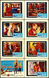 DALLAS. Conjunto de Lobby Card Title y 7 Lobby Cards: 36 x 28 cms., cada uno. Estados Unidos. DALLAS, CIUDAD FRONTERIZA. Dallas. 1950. Estados Unidos. Dirección: Stuart Heisler. Reparto: Gary Cooper, Ruth Roman, Steve Cochran, Raymond Massey, Barbara Payton, Leif Erickson, Antonio Moreno, Jerome Cowan, Reed Hadley, Gil Donaldson.