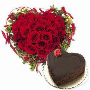 Heart Shape Roses and Chocolate Cake