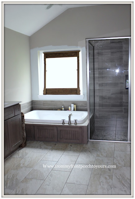 Master Bathroom-Chandelier-Wood Tile-Shower-Tub-From My Front Porch To Yours