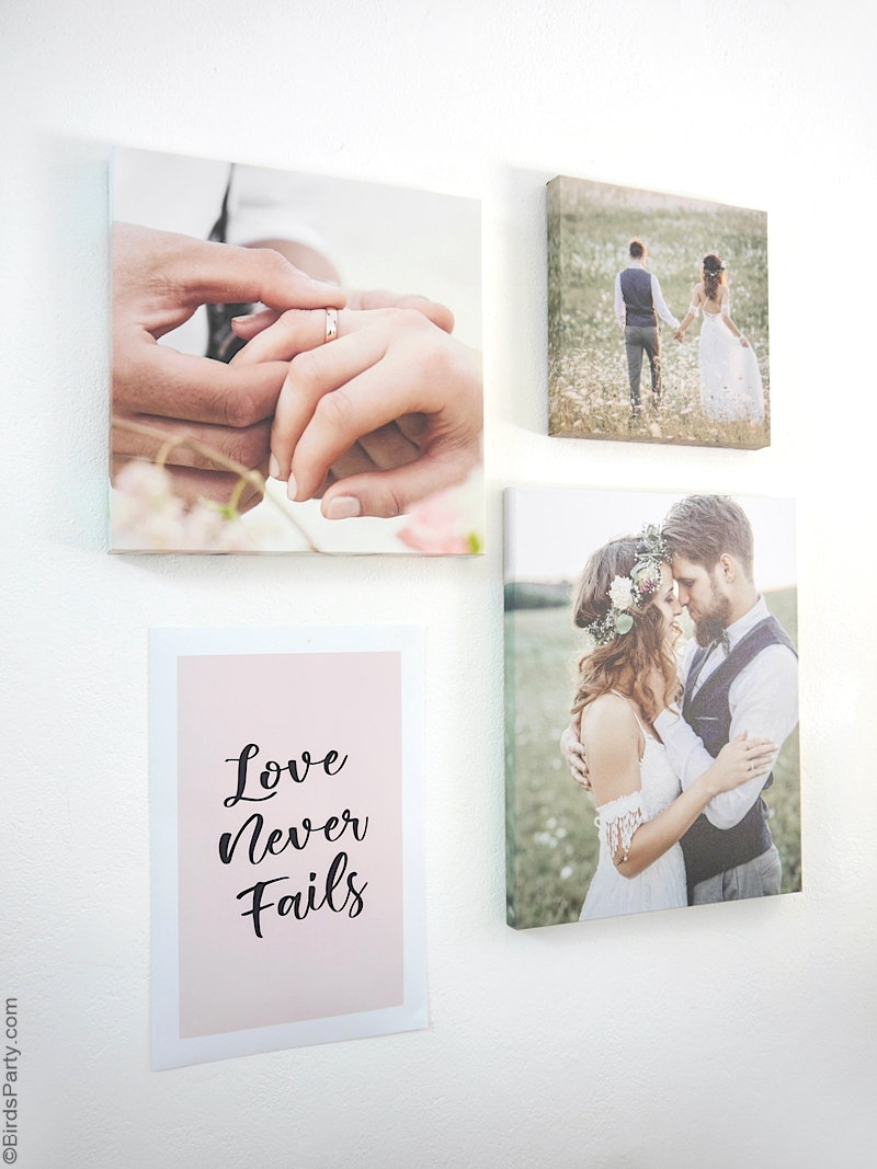 DIY Wedding Wall Gallery with FREE Printable Poster - instructions on how to easily create a wedding gallery wall wt home! | #WalmartPhoto #sponored content created by @BirdsParty for @wm_photo_center #wedding #gallerywall #diy #weddingcrafts #weddingdiy #diyweddingphotos #weddingphotos #weddingcanvas #weddingart #weddingdeco