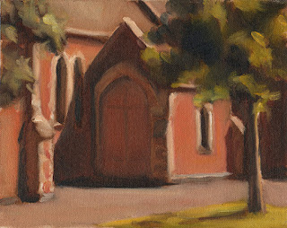 Oil painting of the doorway to a Victorian-era brick ecclesiastical building.