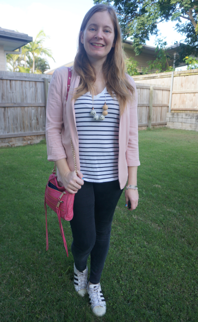 blush blazer, striped tee, skinny jeans, Adidas Superstar sneakers and hot pink mini 5 zip bag | awayfromblue