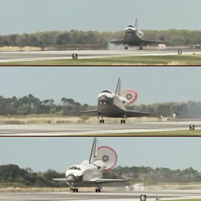 Shuttle Discovery’s Touchdown on runway 15 of Kennedy Space Centre at 16:57hr UTC, 9 March 2011. NASA, 2011.