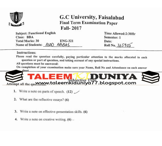 FUNCTIONAL ENGLISH FINAL PAPER 2017 1ST SEMESTER BBA