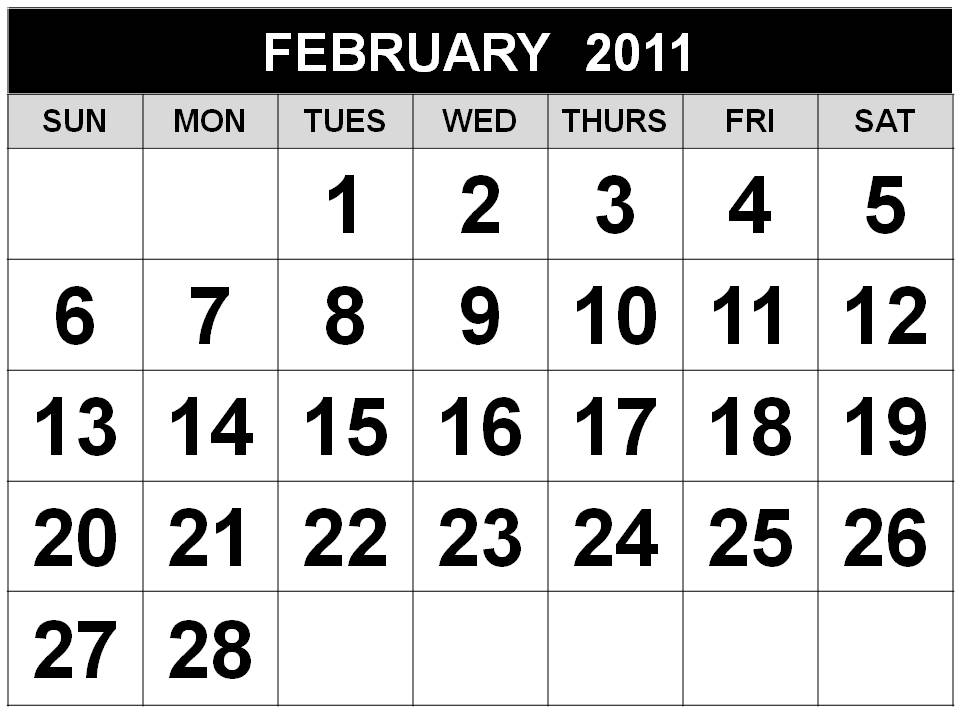 Printable February 2011 Calendar with big fonts