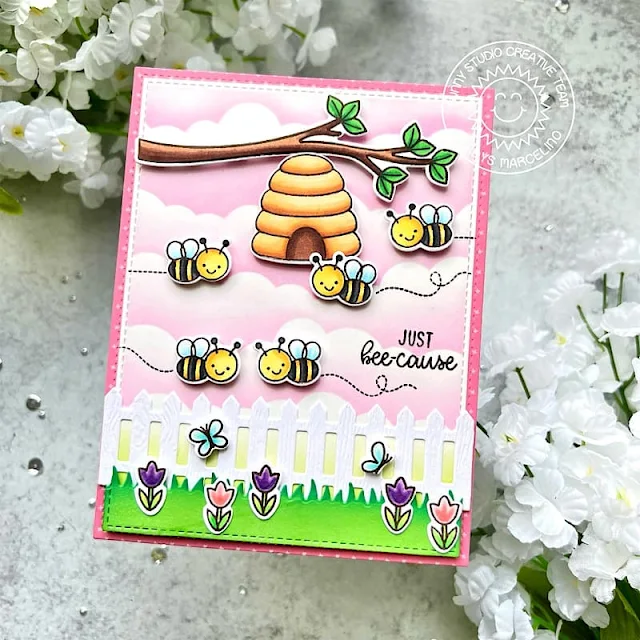 Sunny Studio Stamps: Just Bee-cause Card by Gladys Marcelino (featuring Picket Fence Border Dies, Little Birdie, Bunnyville)