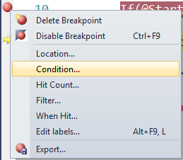 how to set conditional breakpoint in ssms