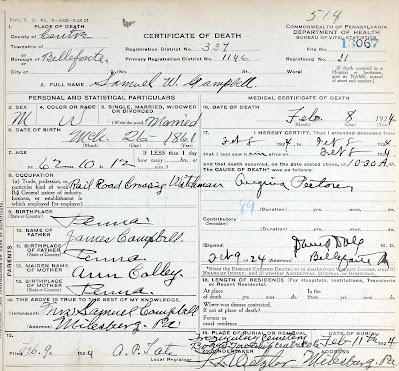 Samuel W Campbell's death certificate