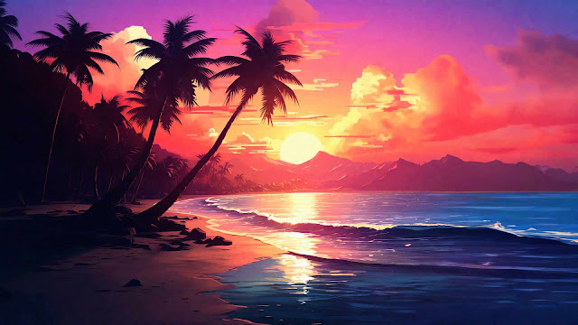 AI-Generated Image: Beach, Sunset, Mountain, Palm Trees, Landscape