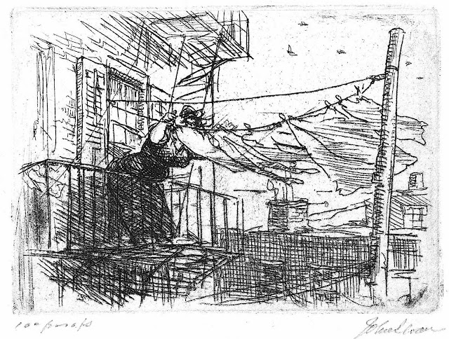 a 1912 John Sloan drawing of a city woman hanging laundry clothes to dry in the wind