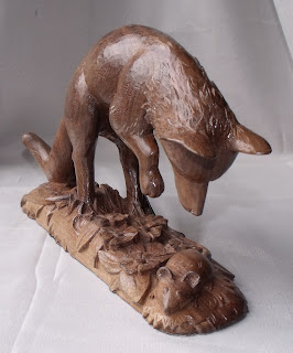 Pouncing Fox carved by Duanes Carvings front right