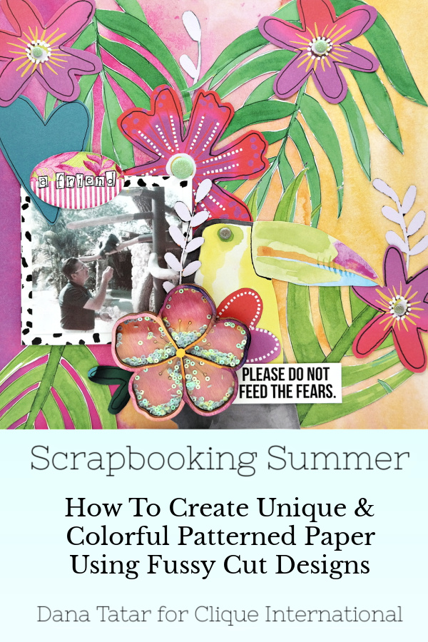 Tropical Parrot Summer Vacation Scrapbook Layout with Fussy Cut Flowers and Leaves