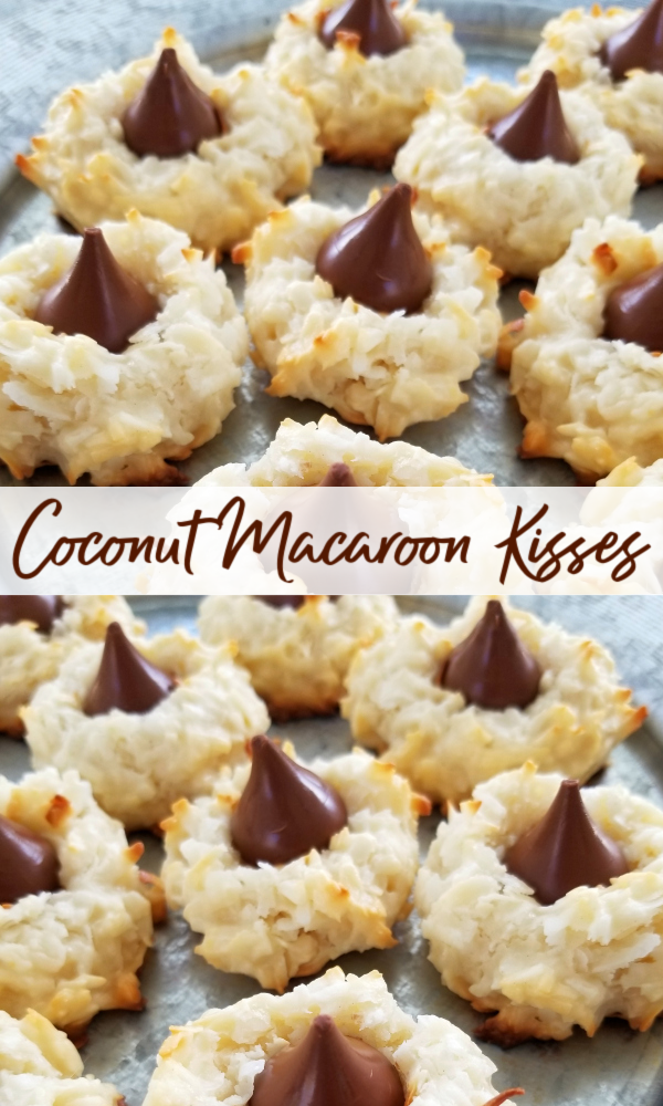 Coconut Macaroon Kisses! A tender and light, yet rich and dreamy recipe for chewy coconut cookies topped with Hershey’s Kiss chocolate drops.