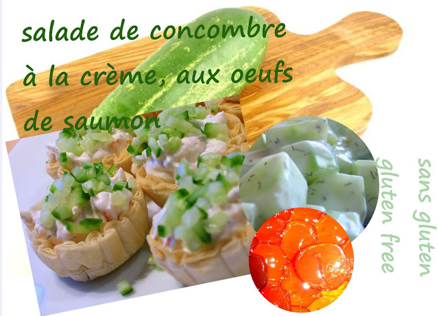 entrée au concombre à la crème, oeufs de saumon, ciboulette