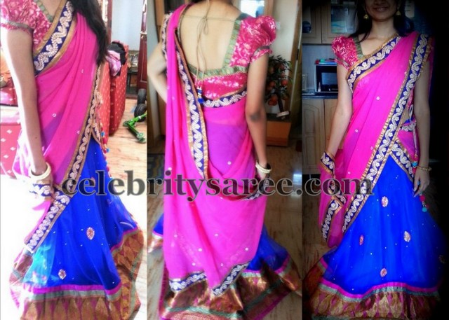 Blue Half Saree with Puffed Blouse