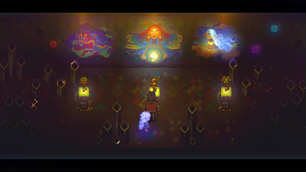 Screenshot from Eastward, showing Sam and John in a darkened room looking at three pictures on the wall. The pictures are of a monster, a woman and a girl, who looks like sam.