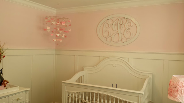 nursery, girl nursery, white nursery, gray nursery, pink nursery, gray and pink, gray and pink nursery, girl, baby girl, crib, white crib, white dresser, pottery barn, pottery barn nursery, gray rocker, board and batten, board and batten nursery, 3/4 board and batten, monogram, name monogram, wooden monogram, pink wall, ballerina pink, benjamin moore, 