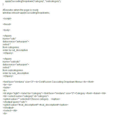Section 2 code for ColdFusion cascading dropdown menus