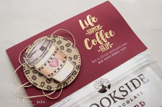 This super cute chocolate bag treat topper makes a perfect gift for a coffee klatch friend.  Made with Fun Stamper's Journey NEW Coffee Helps Stamp Set, along with the Text Happy Stamp Set.  #FSJLaunchParty