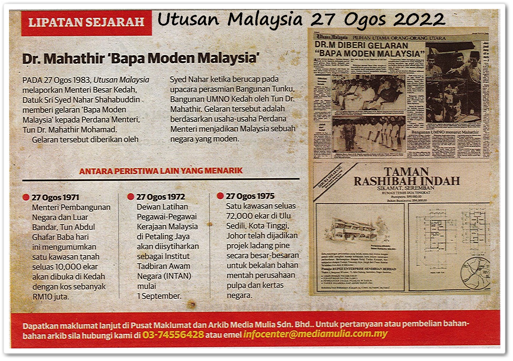 Lipatan sejarah 27 Ogos - Keratan akhbar Utusan Malaysia 27 Ogos 2022