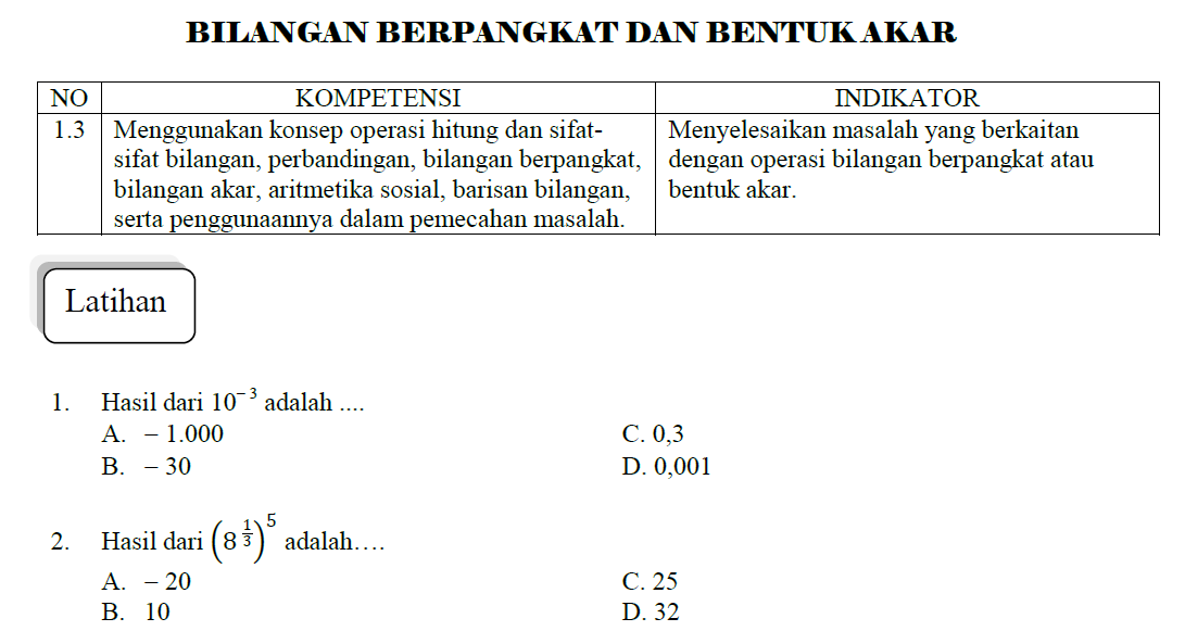 Latihan Bilangan Berpangkat dan Bentuk Akar  MATEMATIKA