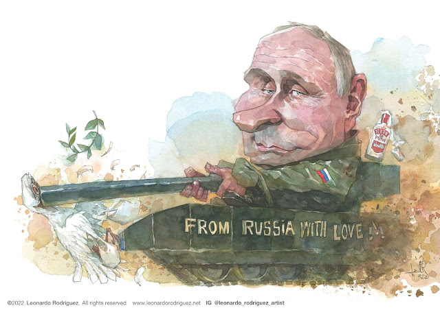 Watercolor caricature of Vladimir Putin driving a war tank an threatening the dove of peace dove with two bags.  This image reminiscent of the gentleman stopping the tank in Tiananmen Square protests,1989