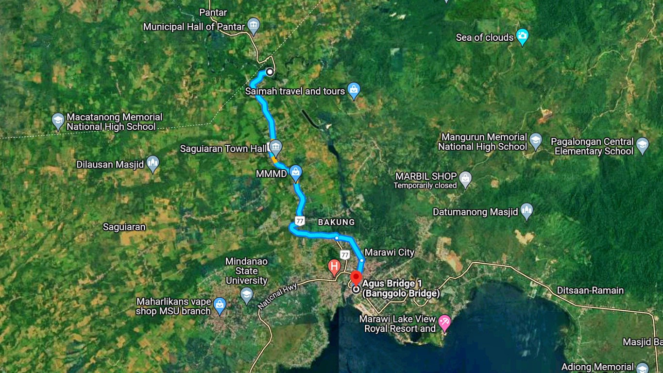 approximation of the distance from Pantar Bridge in Saguiaran to Marawi City