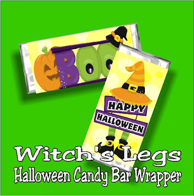 Add a little chocolate wish to your Halloween with this printable Halloween candy bar wrapper.  With cute witch legs and pumpkins, this free candy bar wrapper is a great addition to your Halloween party or to give as a homemade card to all your friends.