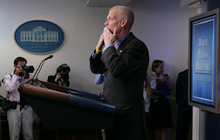 White House spokesman Tony Snow blows a kiss to the press corps Wednesday, Sept. 12, 2007, after delivering his final briefing in the James S. Brady Briefing Room. Said Mr. Snow, 'This job has been the most fun I have ever had, the most satisfying, fulfilling job. White House photo by Chris Greenberg.