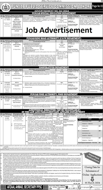 Punjab Public Services Commission ( PPSC ) Jobs 2024 Advertisement No, 4/2024