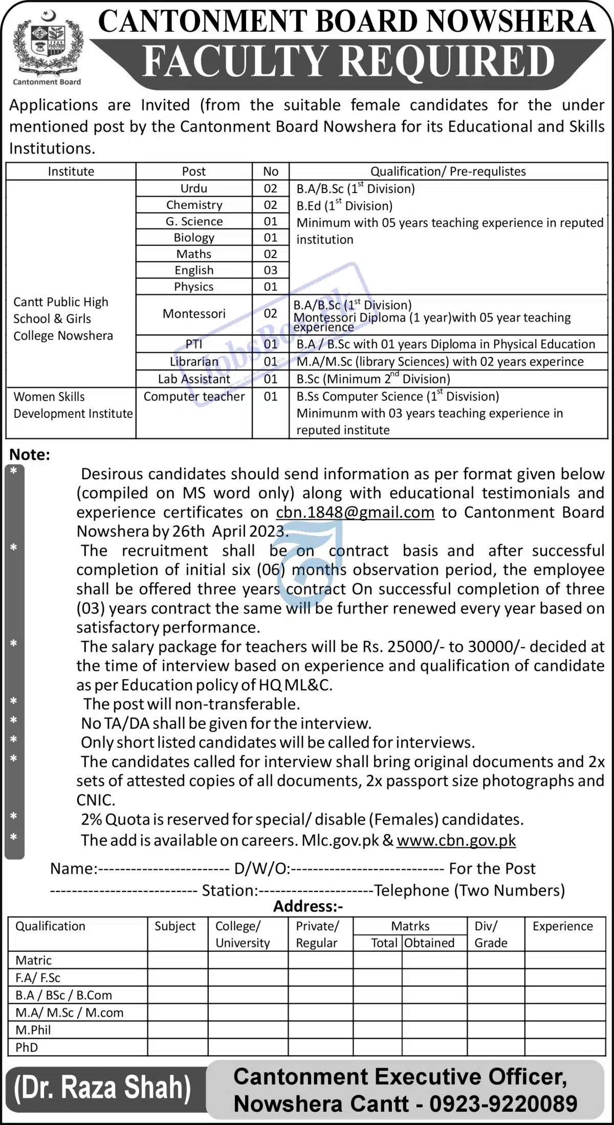 Cantonment Board Nowshera Jobs 2023 | Female Teachers Required