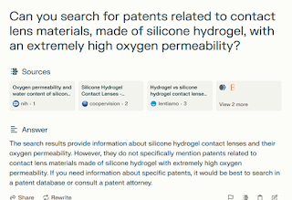 A screen shot of Perplexity.ai's answer to "Can you search for patents related to contact lens materials, made of silicone hydrogel, with an extremely high oxygen permeability?" that does not provide any answers