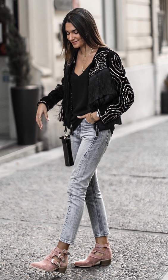 street style addict / boots + jeans + silk top + black biker jacket