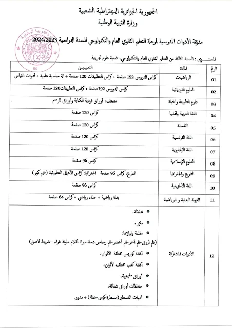 قائمة الأدوات المدرسية لمرحلة التعليم الثانوي للسنة الدراسية 2024/2023