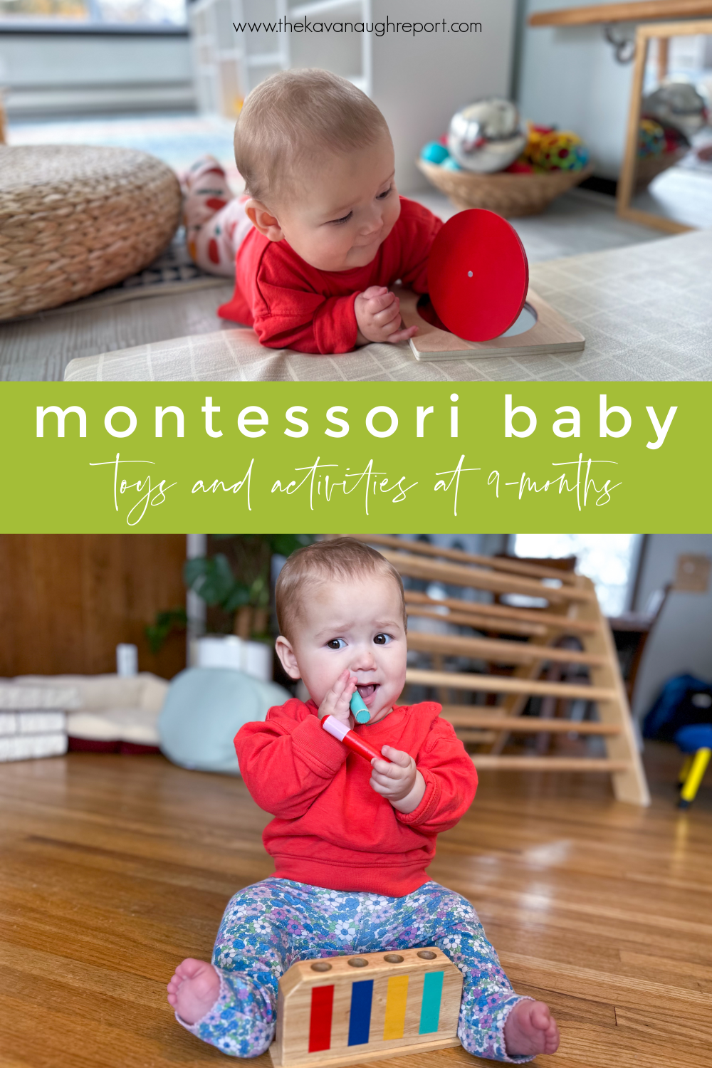 Montessori baby toys and activities to support learning at 9-months-old including fine motor, social emotional and sensory play! Easy and fun ideas.