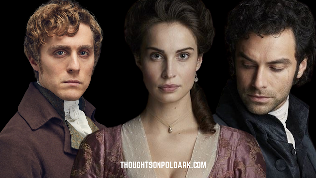 Post banner with Elizabeth and a moody Ross Poldark and George Warleggan either side of her